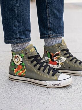 ED HARDY Hi-Top Sneakers True Til Death Youth sz 3 Tattoo Y2K Canvas Streetwear